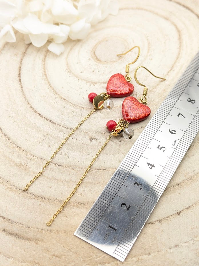Boucles d'oreilles cœurs rouge à paillettes