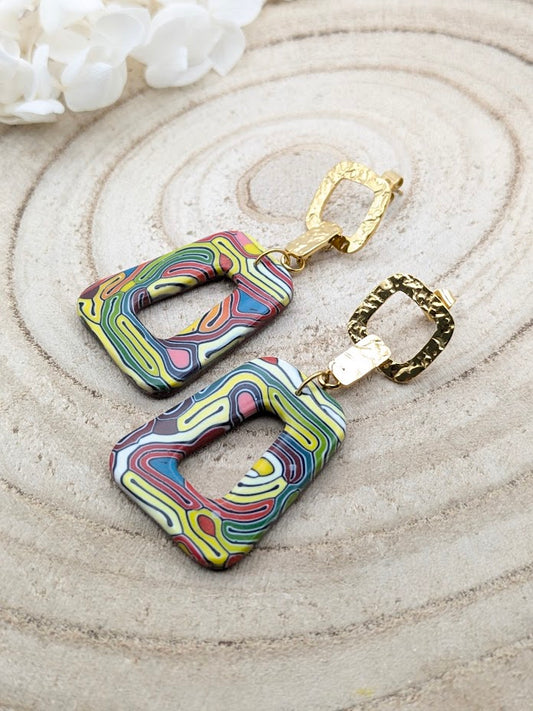 Boucles d'oreilles géométriques multicolores en pâte polymère, crochets acier inoxydable doré – Les Créas d'Angel