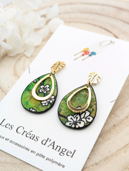 Boucles d'oreilles vertes et fleuries