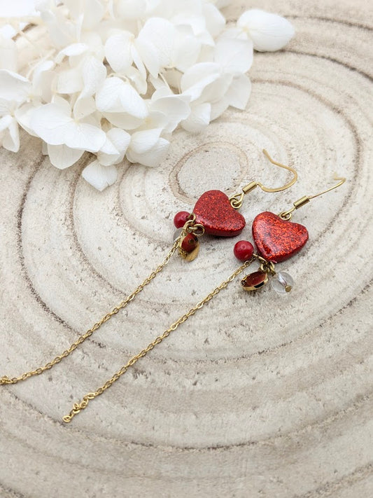 Boucles d'oreilles cœurs rouge à paillettes