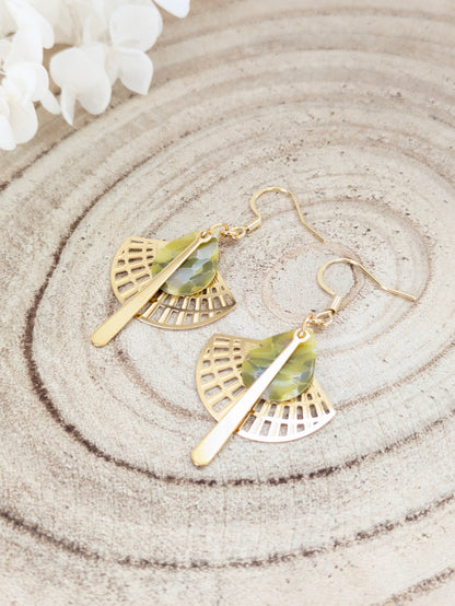 Boucles d'oreilles dorées imitation "Marbre vert"