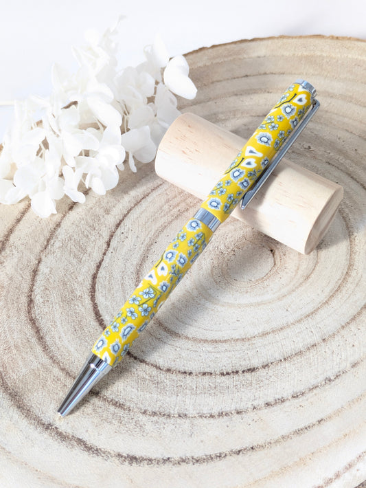 stylo bille fleuri jaune