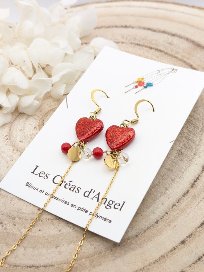 Boucles d'oreilles cœurs rouge à paillettes