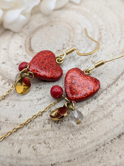 Boucles d'oreilles cœurs rouge à paillettes