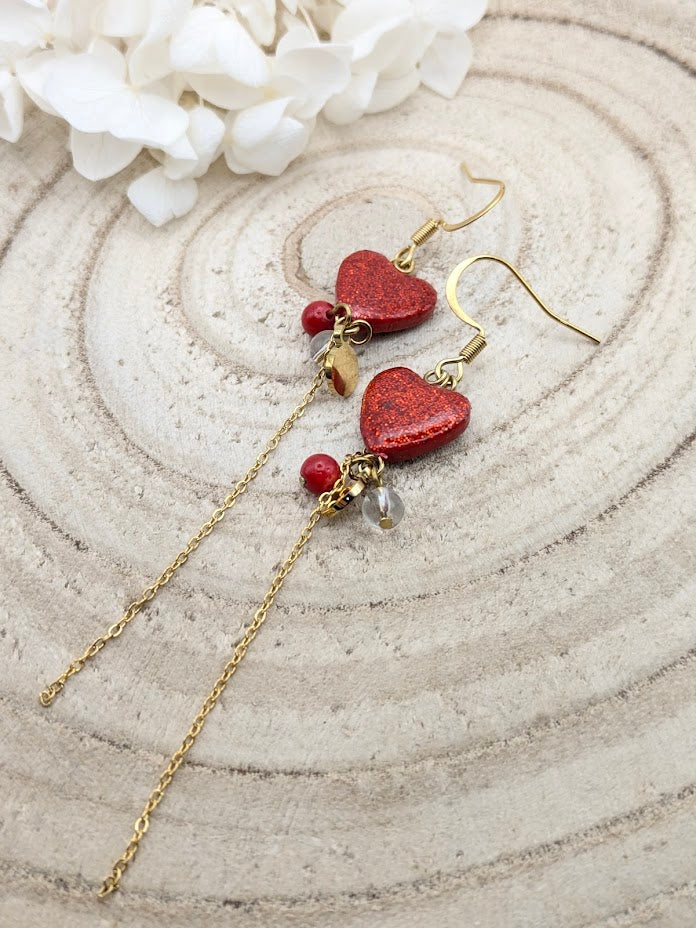 Boucles d'oreilles cœurs rouge à paillettes