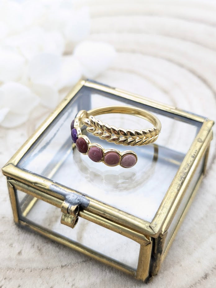 Bague feuillage multicolore rose et violet en pâte polymère - bijou artisanal fait main